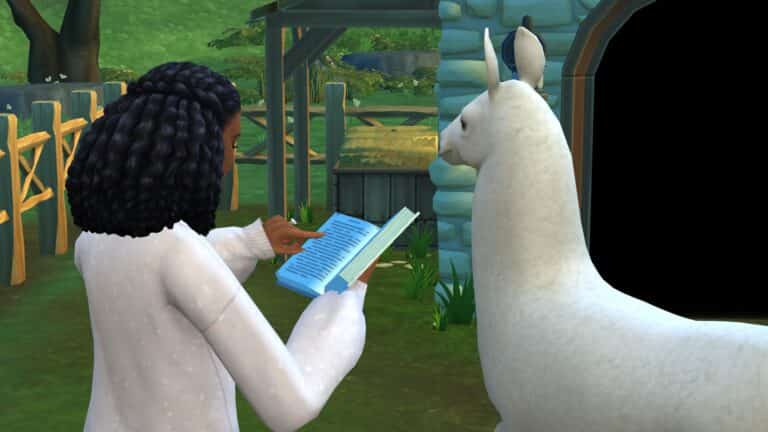 ซิมส์อ่านหนังสือให้ลามะฟังใน The Sims 4 Cottage Living