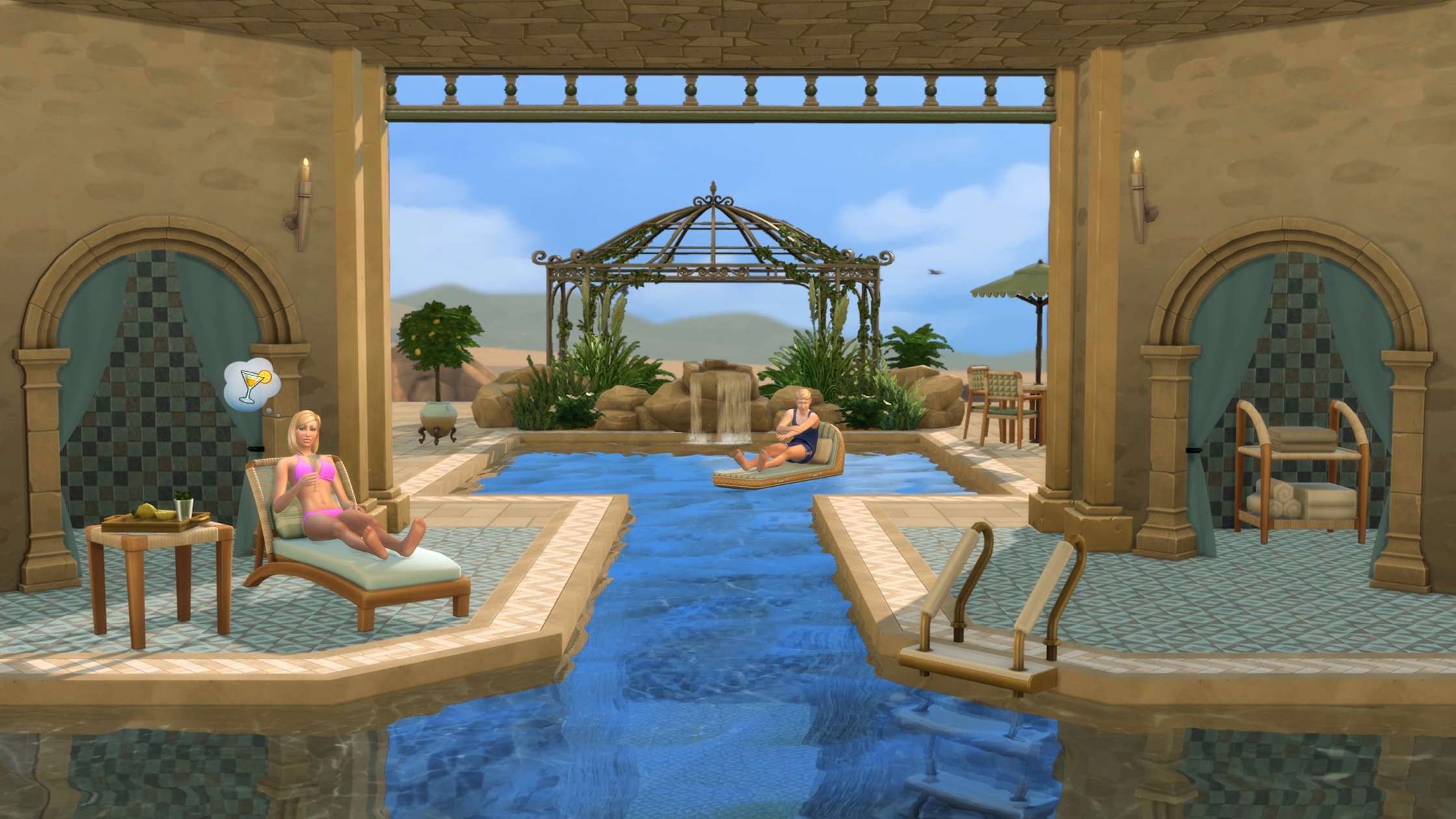 ภาพ hero tile ทางการของ Riviera Retreat Kit แสดงมุมสระว่ายน้ำสไตล์ Mediterranean พร้อมซุ้มโค้งและเฟอร์นิเจอร์ริมสระ