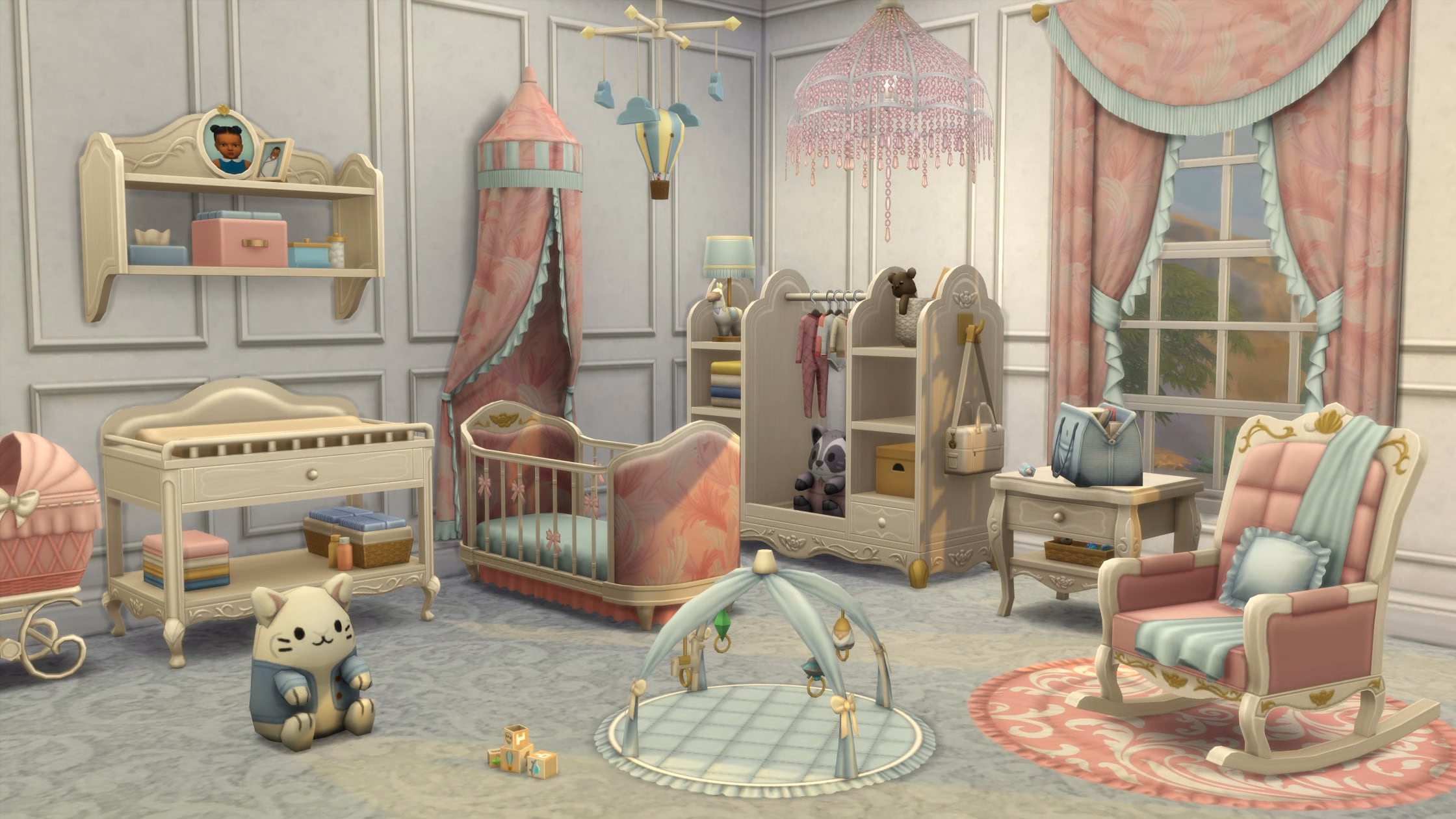 ภาพประชาสัมพันธ์ทางการของ Storybook Nursery Kit แสดงห้องเด็กอ่อนสไตล์เทพนิยายโทนสีเข้มผสมพาสเทล