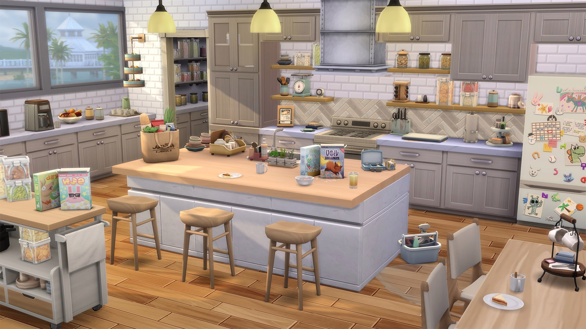 ภาพในเกมของ Kitchen Clutter Kit แสดงมุมครัวตกแต่งด้วยของใช้ในครัวที่ดูเหมือนกำลังถูกใช้งานอยู่จริง