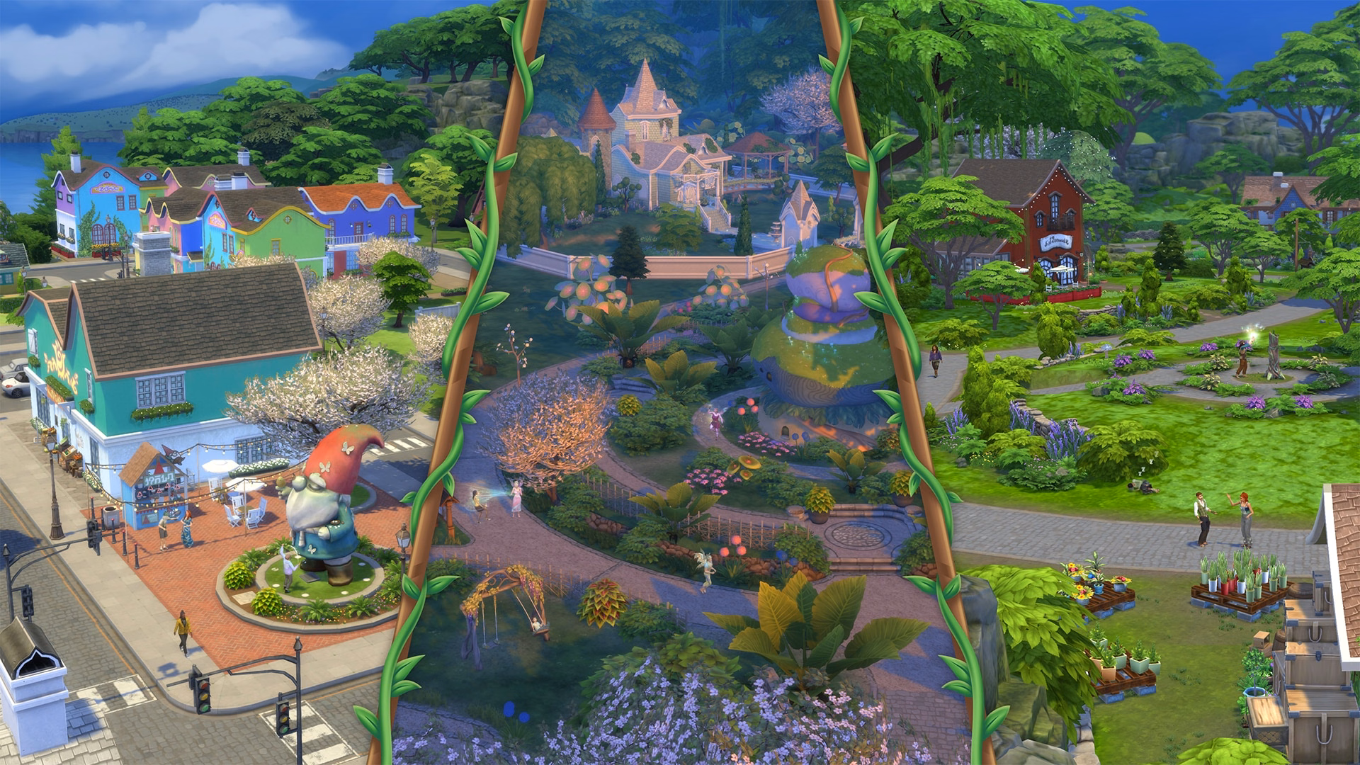 ภาพสกรีนช็อตทางการแสดงไอเทม Build/Buy และบรรยากาศธีม fairycore ในแพ็ค Enchanted by Nature