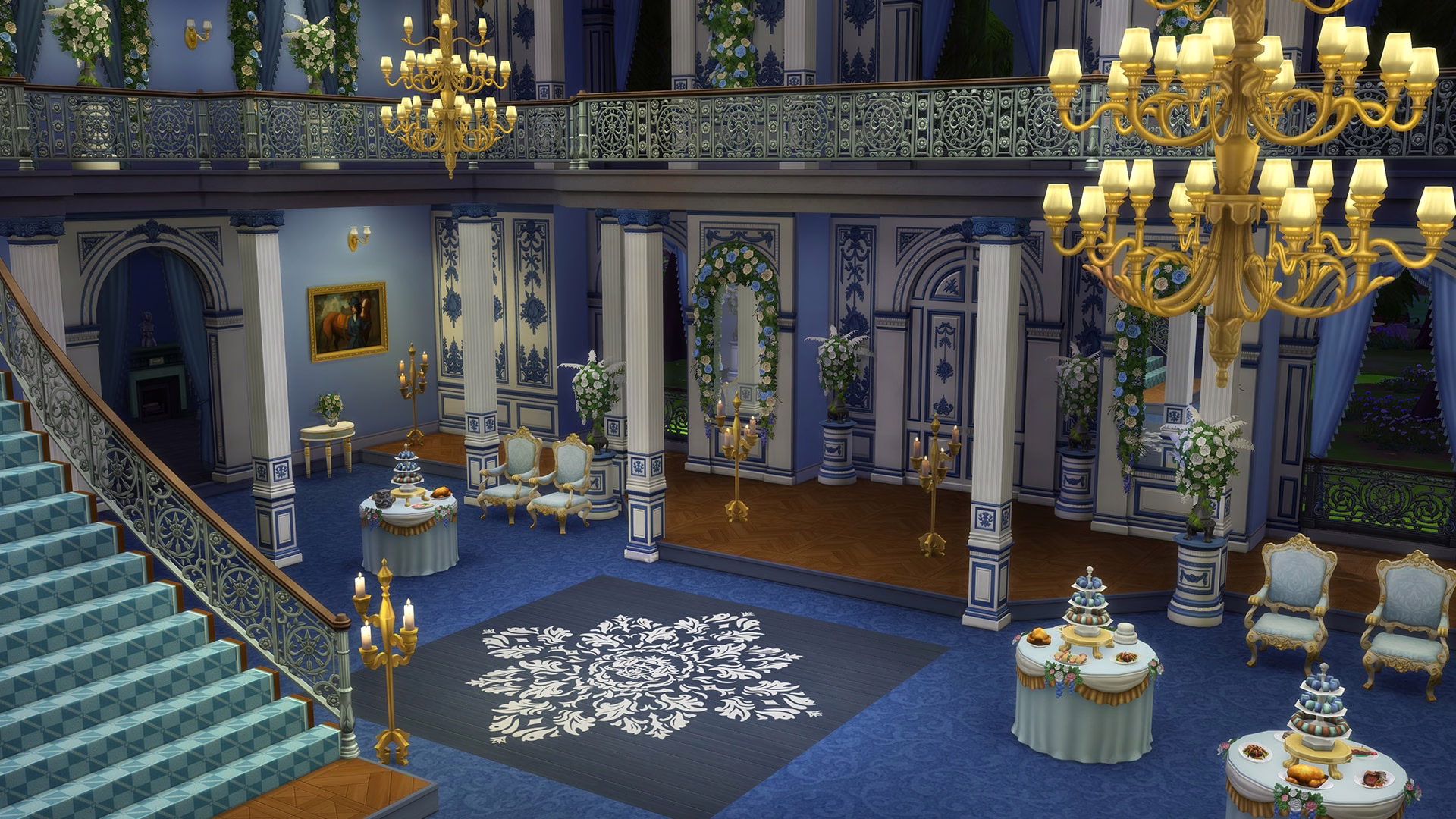ภาพห้องบอลรูมสไตล์ Regency ในเกม The Sims 4 จาก Lady Bridgerton's Masquerade Ballroom Kit