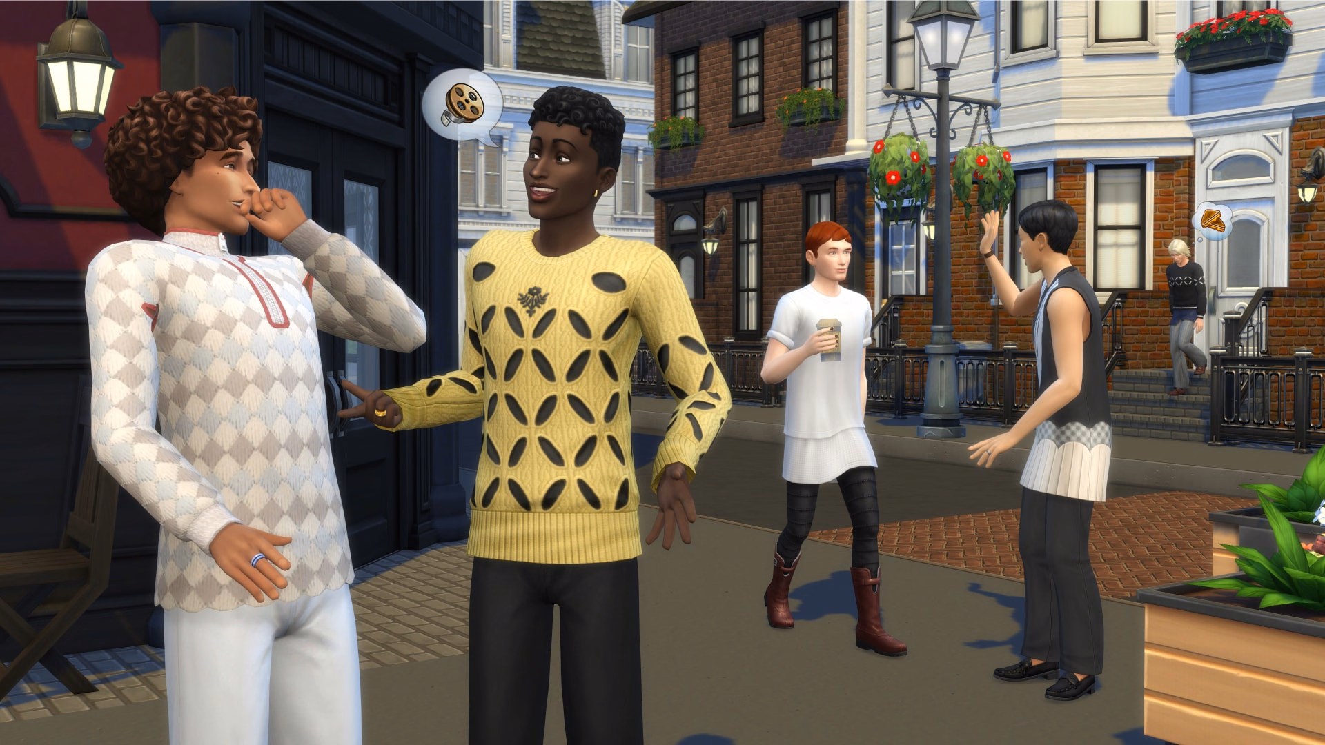 ภาพในเกมของ The Sims 4 Modern Menswear Kit แสดงชุดแฟชั่นผู้ชายทรงลื่นไหลจากคอลเลกชัน Stefan Cooke