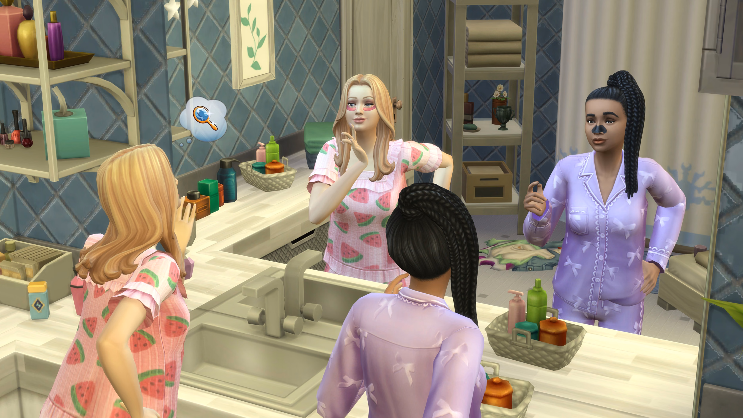 ภาพหน้าจอในเกมของชุดนอนและไอเทมสกินแคร์จาก Sweet Slumber Party Kit