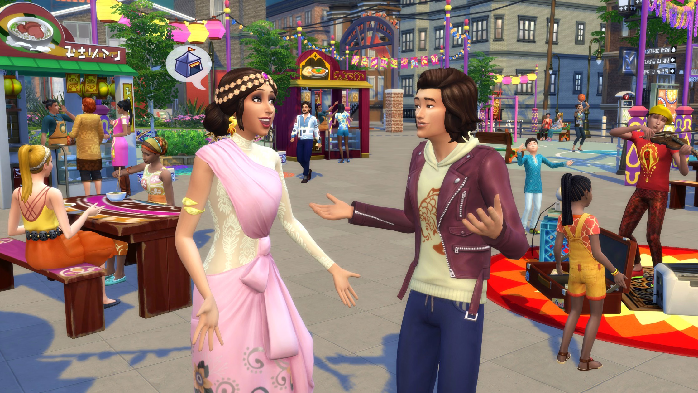 บรรยากาศเทศกาลกลางถนนใน San Myshuno ซิมส์แต่งกายสีสันคุยกันท่ามกลางงานเทศกาลสตรีทหมู่บ้าน