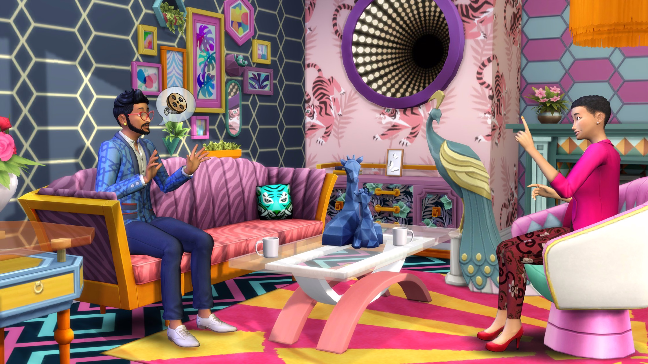 ภาพในเกมของ Decor to the Max Kit แสดงมุมห้องตกแต่งสไตล์แม็กซิมัลลิสต์ ผสมลวดลายและสีสันจัดจ้าน