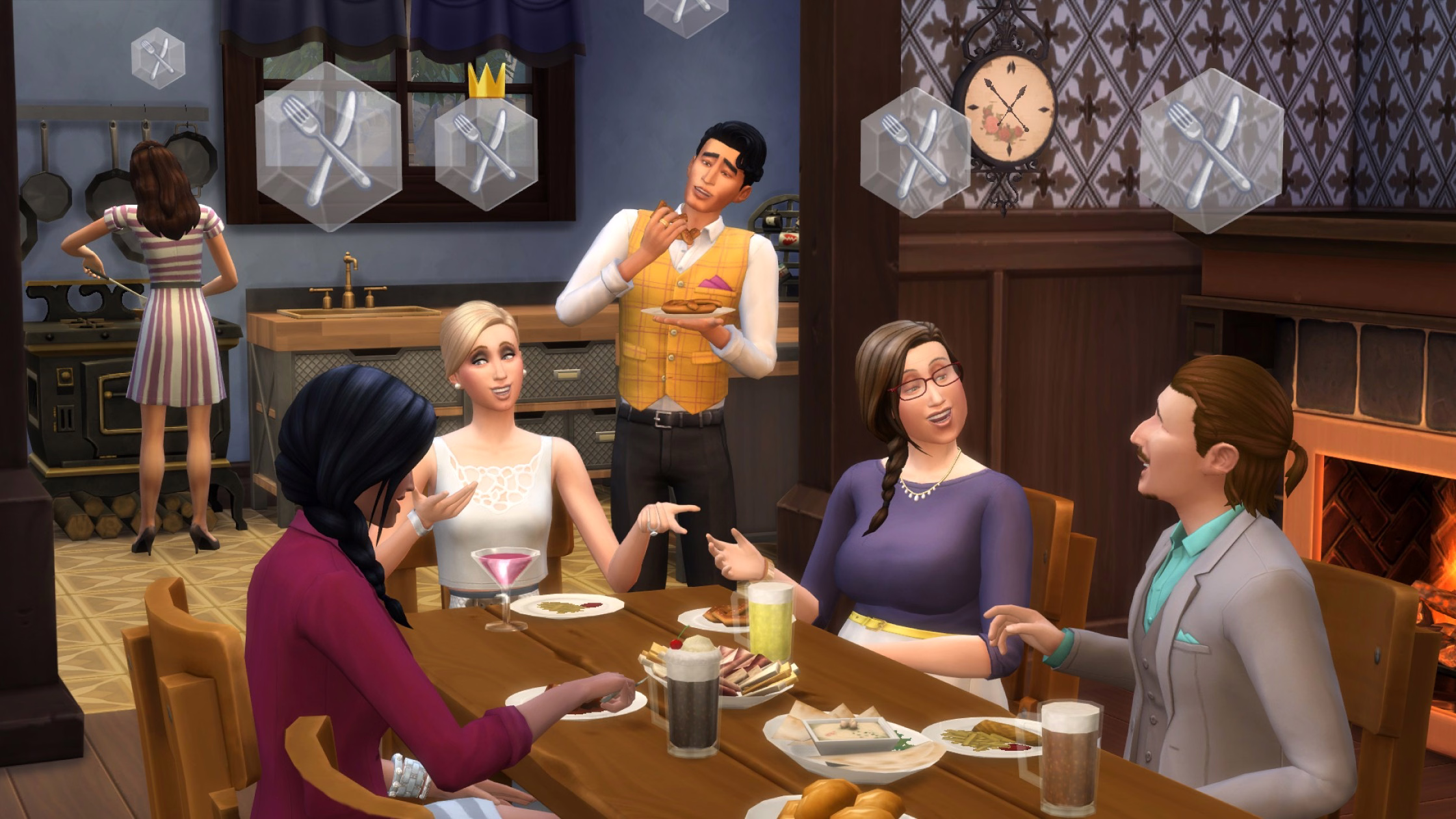 ซิมส์กลุ่มหนึ่งนั่งล้อมวงกินมื้อเย็นที่บ้าน บรรยากาศสังสรร์ของชมรมใน The Sims 4 Get Together