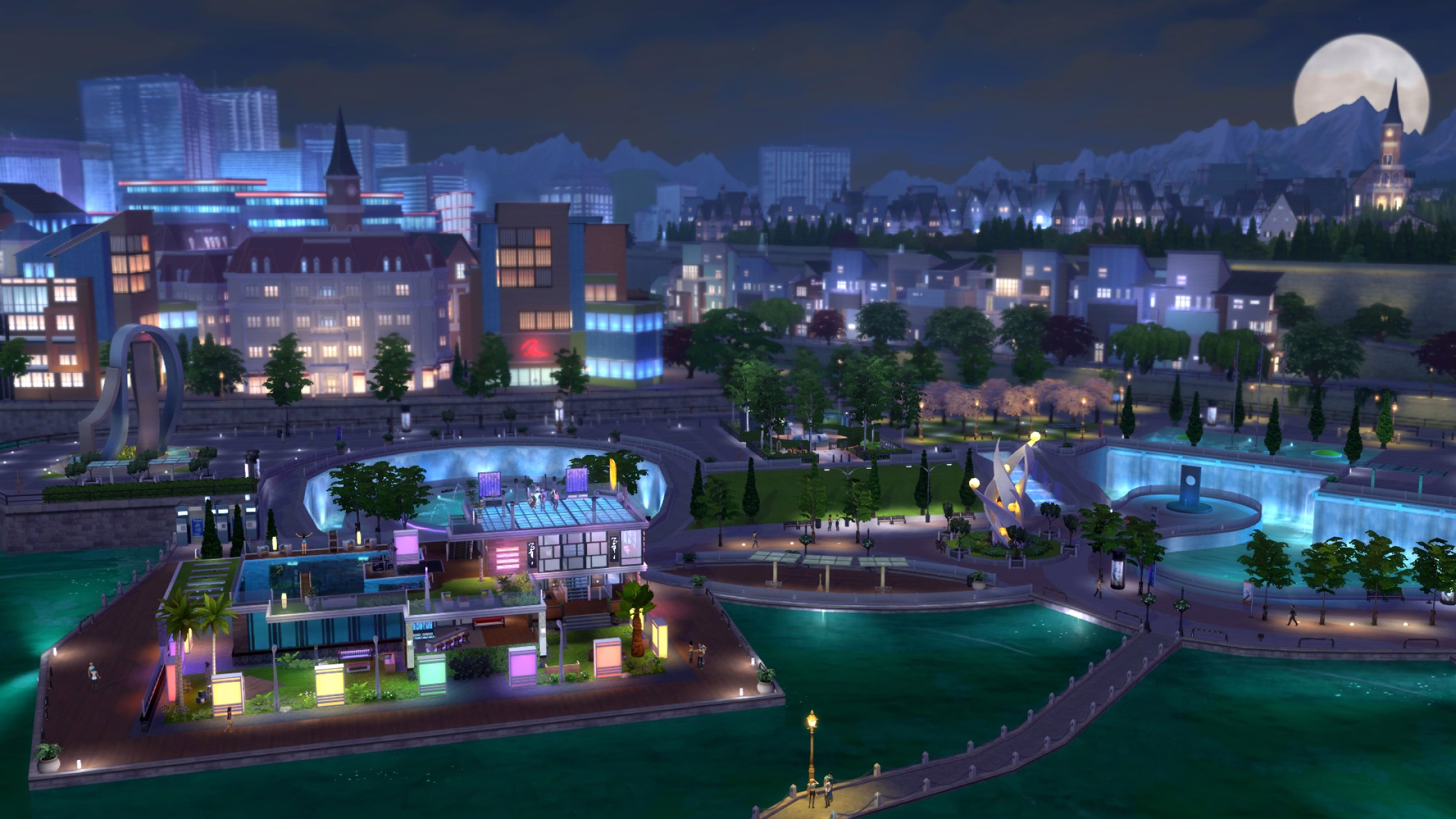 ภาพมุมสูงของเมือง Windenburg ยามค่ำคืน เห็นตึกระฟ้าและบ้านเรือนริมน้ำริมทะเลสะท้อนแสงจันทร์