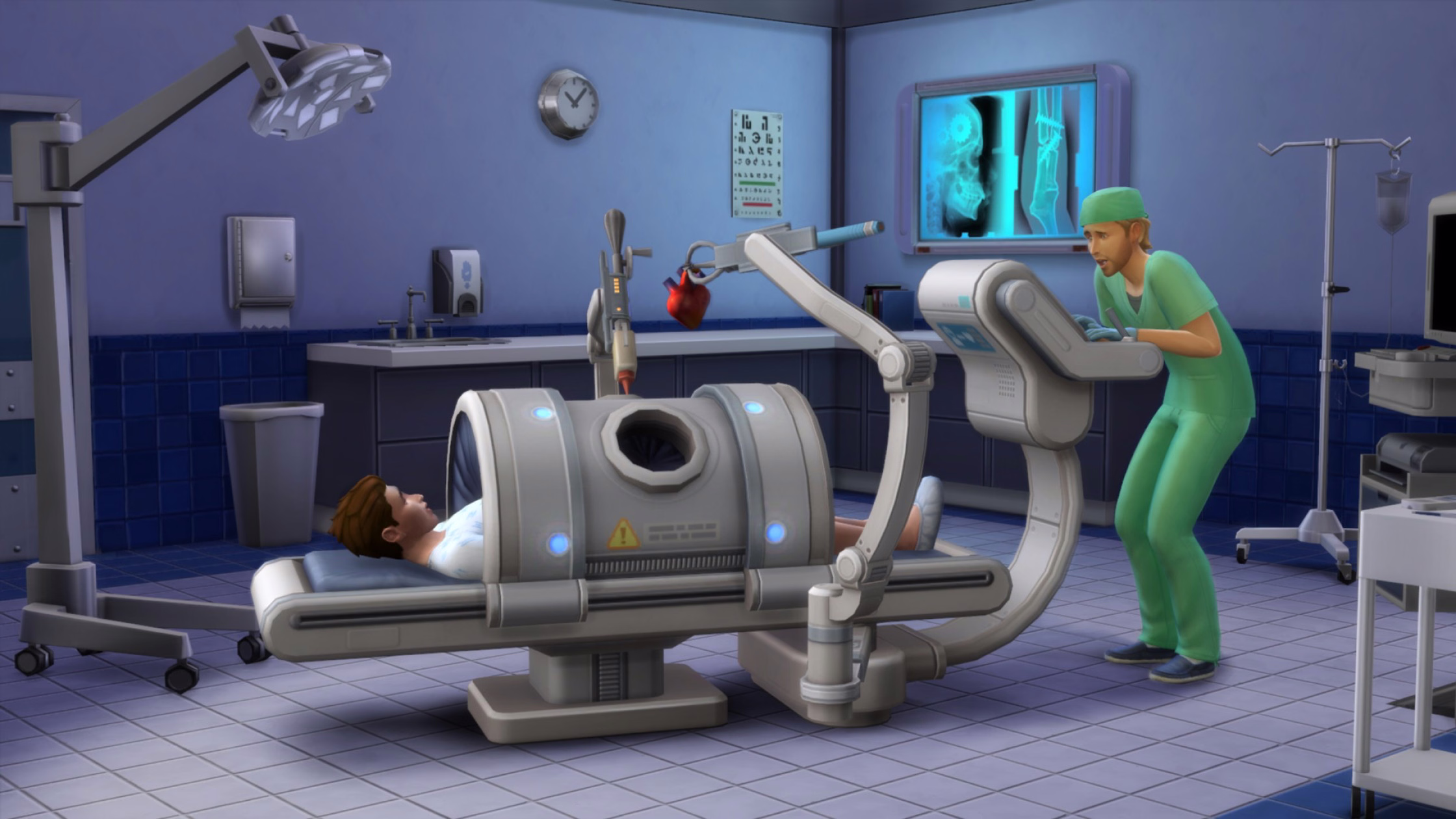 ซิมส์อาชีพ Doctor กำลังเอกซเรย์คนไข้ด้วยเครื่องสแกนในโรงพยาบาล Willow Creek