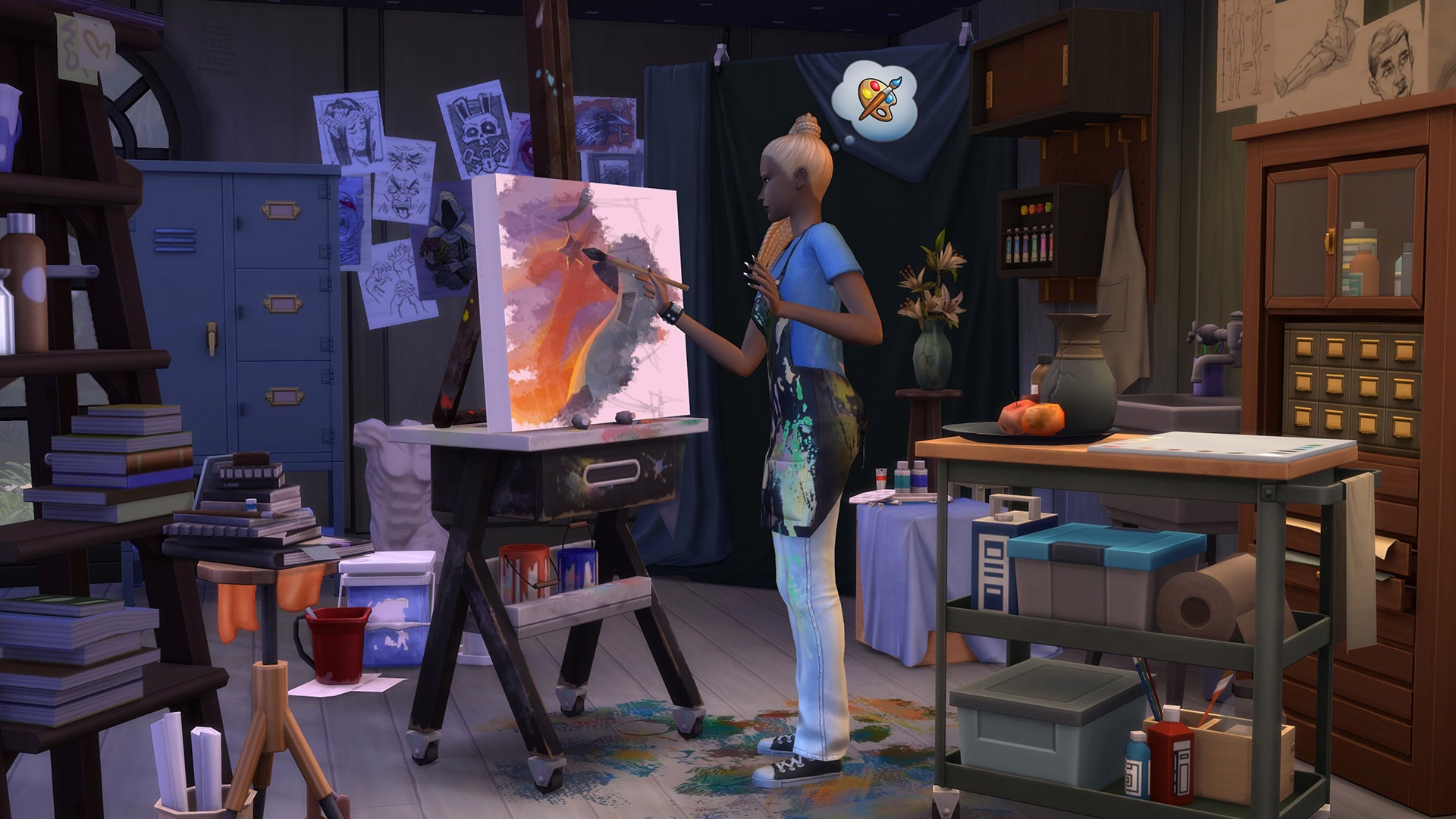 ภาพในเกมของ Artist Studio Kit แสดงมุมสตูดิโอศิลปินพร้อมขาตั้งวาดภาพและอุปกรณ์ศิลปะกระจัดกระจาย