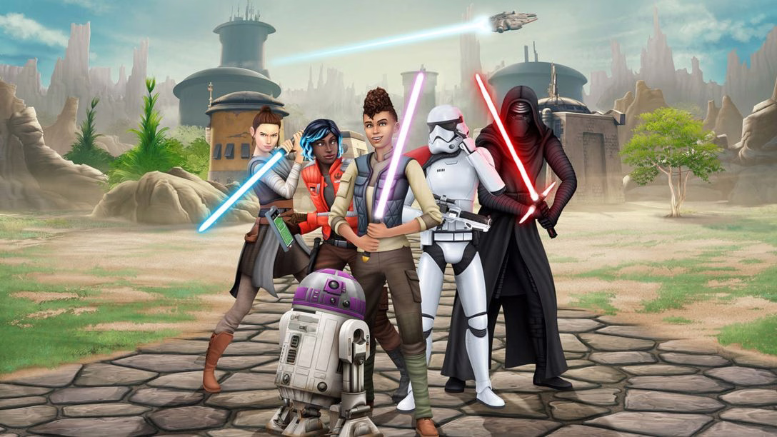 ภาพปกทางการของ The Sims 4: Star Wars: Journey to Batuu มีซิมส์ 3 คนถือไลท์เซเบอร์ในชุดธีม Star Wars