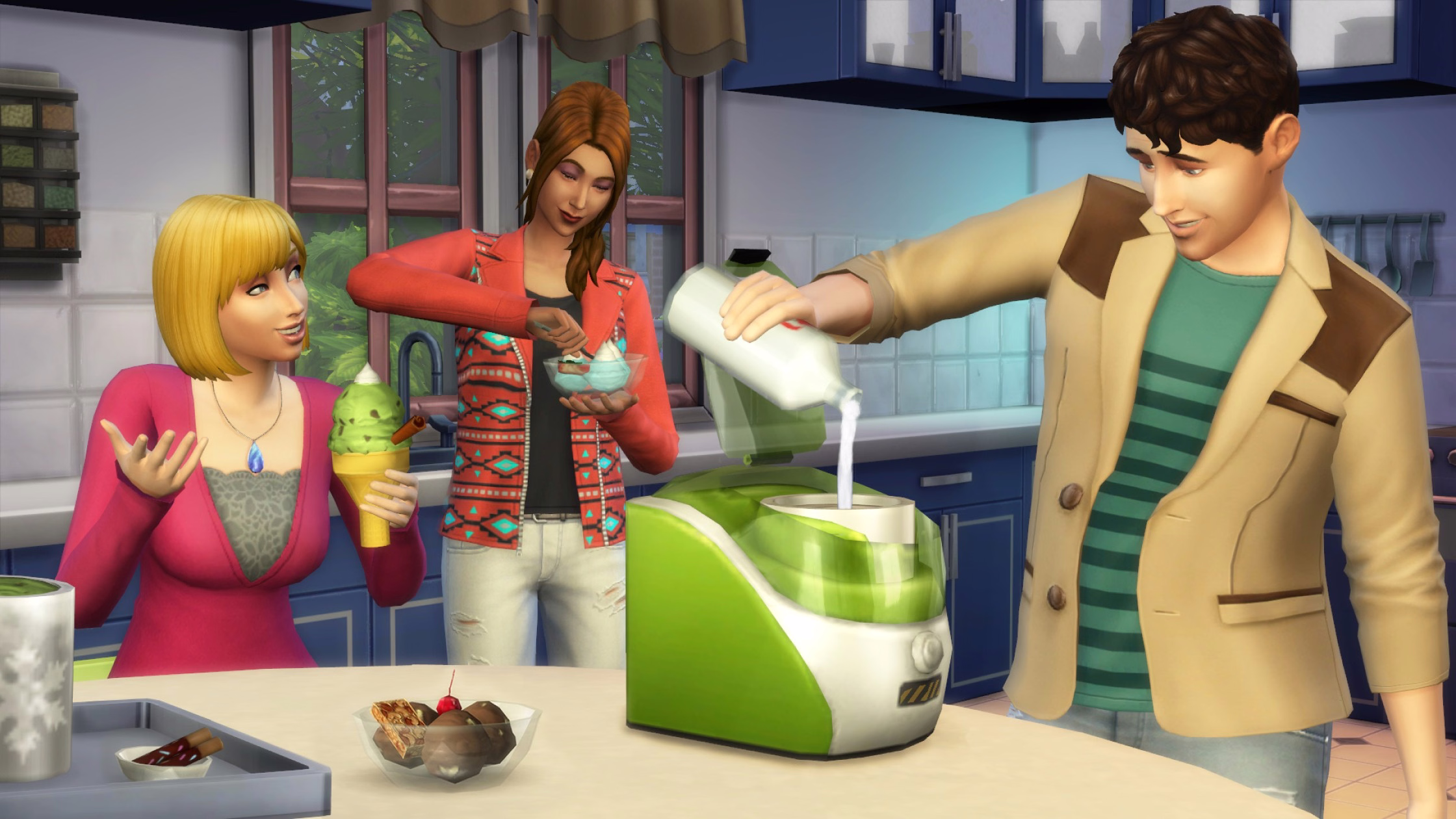 หน้าปกทางการของ The Sims 4: Cool Kitchen Stuff โชว์ครัวสไตล์โมเดิร์นและเครื่องทำไอศกรีม
