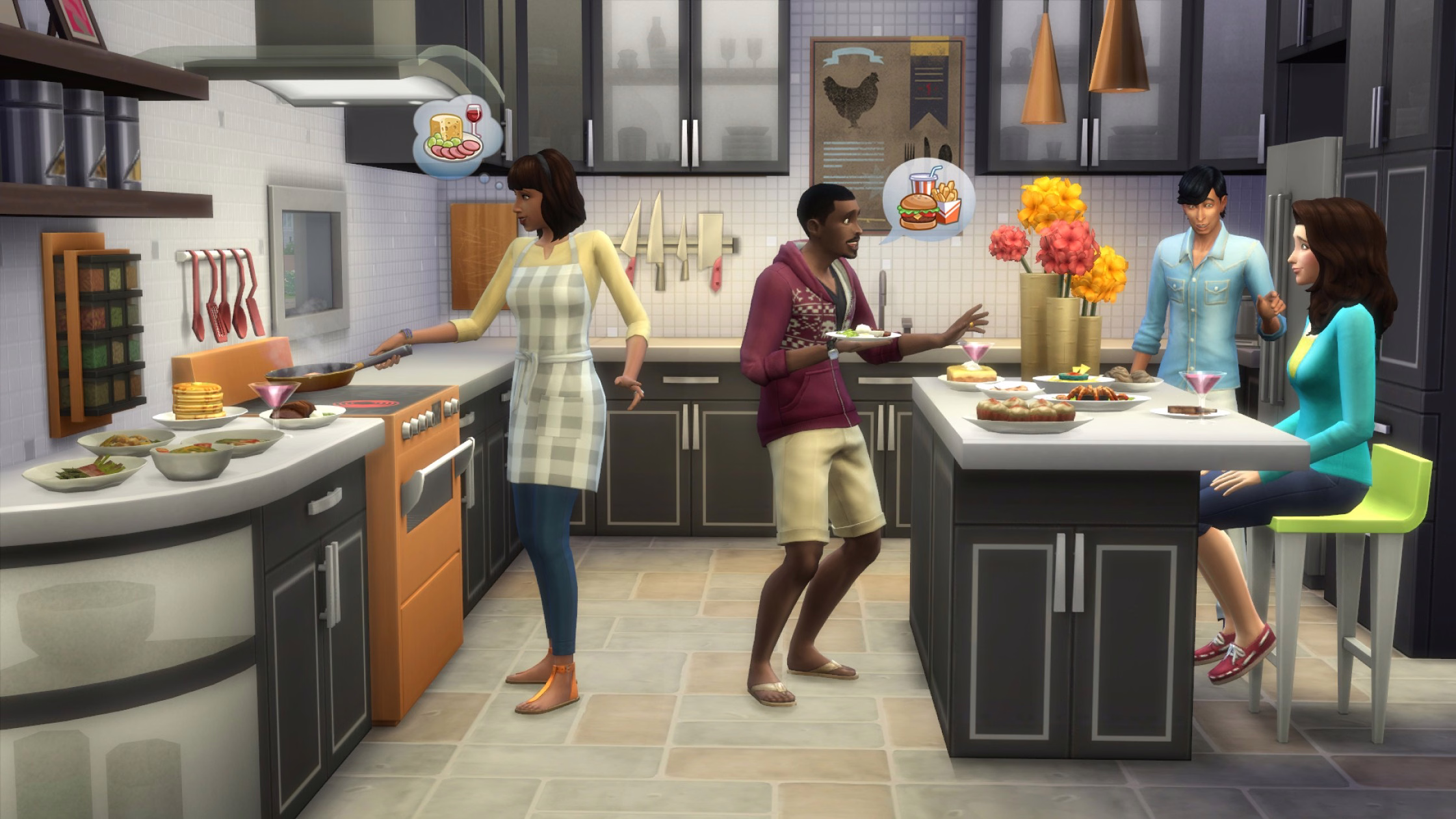 ภาพโปรโมทของ The Sims 4: Cool Kitchen Stuff แสดงของแต่งครัวและเครื่องใช้ไฟฟ้าสแตนเลส