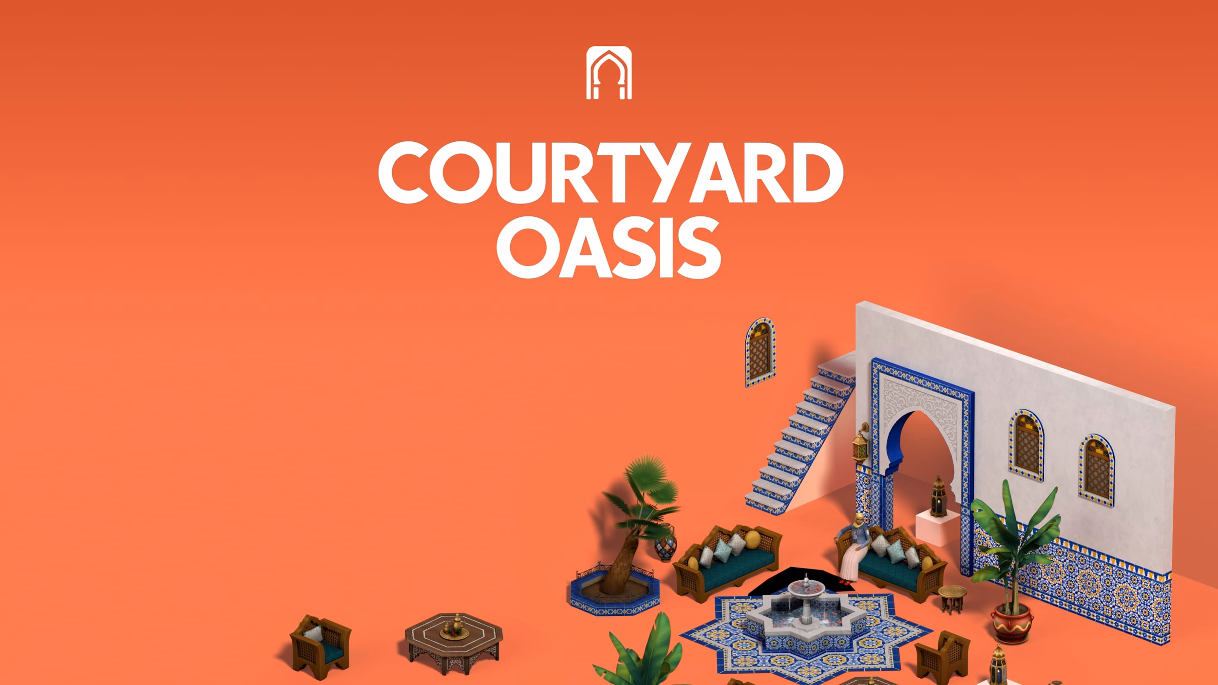 ภาพคีย์อาร์ตทางการของ Courtyard Oasis Kit แสดงลานบ้านสไตล์โมร็อกโกพร้อมกระเบื้องลายฉลุและซุ้มประตูโค้ง
