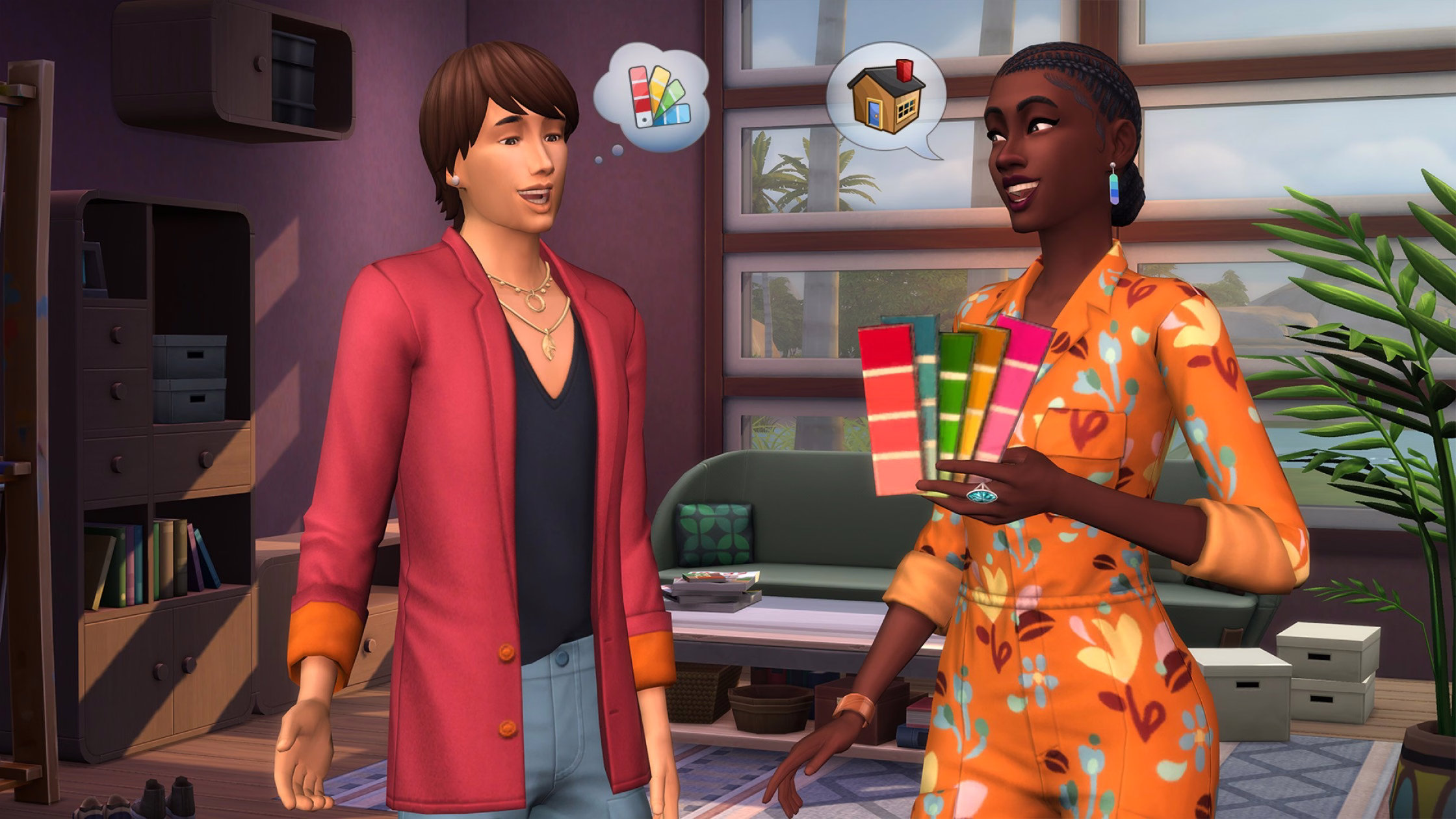 ภาพปกทางการของ The Sims 4: Dream Home Decorator แสดงซิมส์กำลังตกแต่งห้องนั่งเล่นให้ลูกค้า