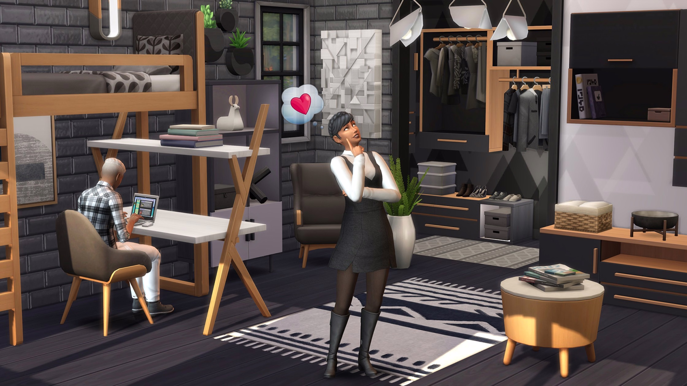 ภาพประกอบทางการแสดงห้องตกแต่งสไตล์โมเดิร์นจาก The Sims 4: Dream Home Decorator