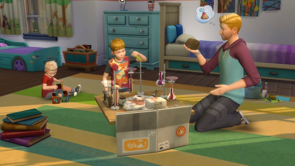 ภาพหน้าจอเกมเพลย์ The Sims 4: Parenthood จาก EA แสดงครอบครัวซิมทำกิจกรรมร่วมกัน