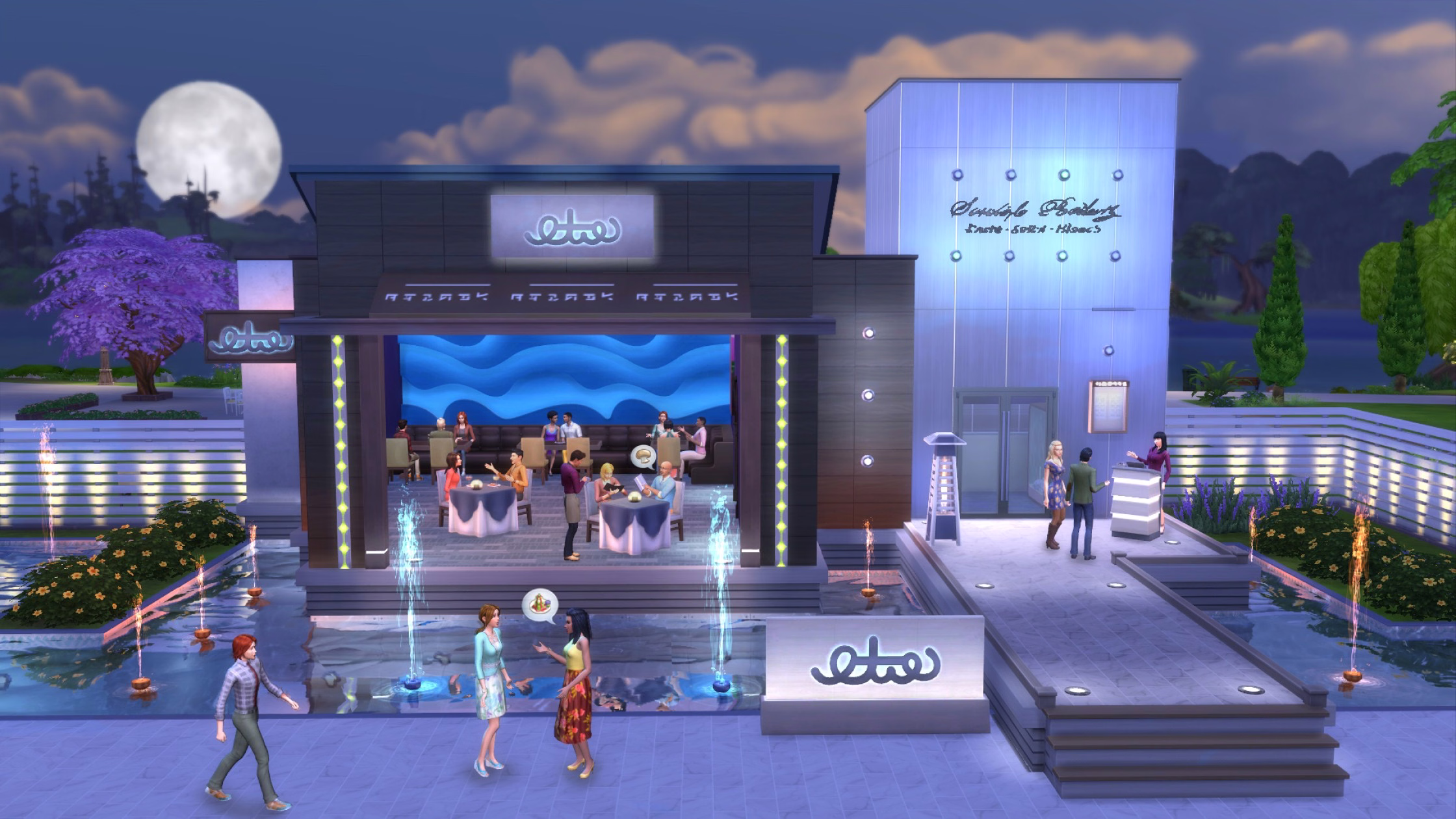 ภาพโปรโมทอย่างเป็นทางการของ The Sims 4: Dine Out แสดงซิมส์กำลังนั่งรับประทานอาหารในร้าน