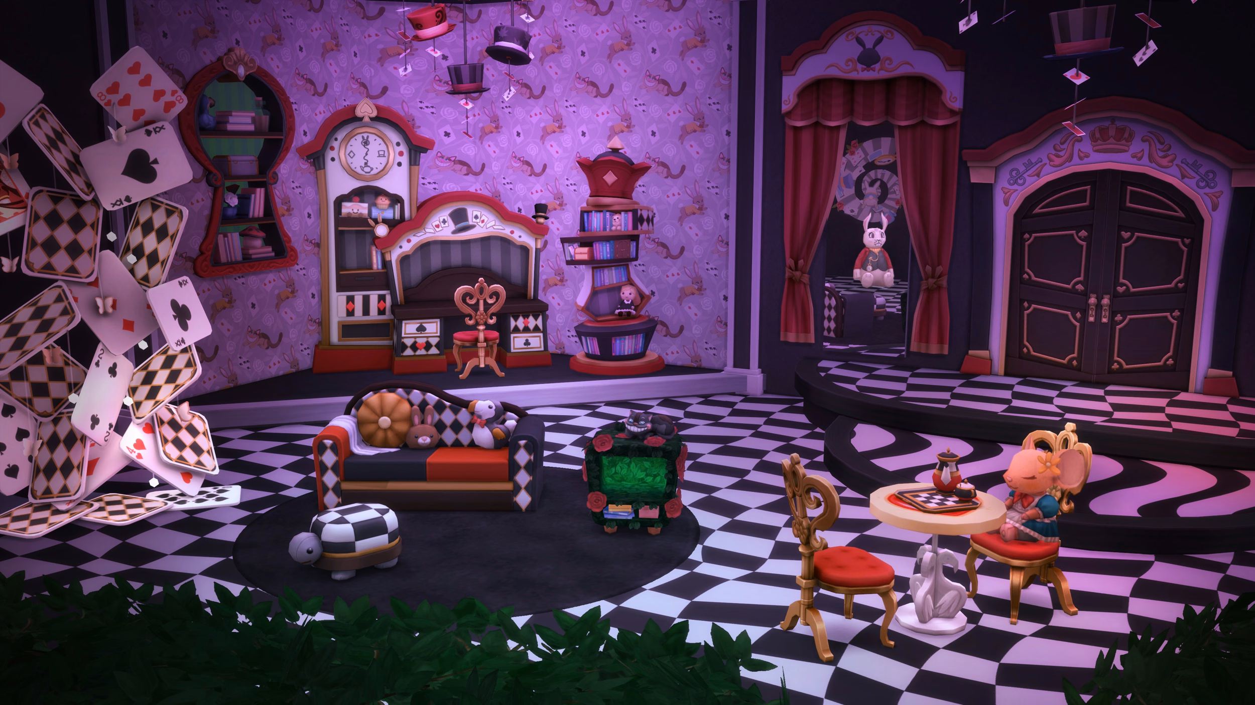 ภาพห้องเล่นเด็กธีม Alice in Wonderland ยามค่ำคืนจาก The Sims 4: Wonderland Playroom Kit