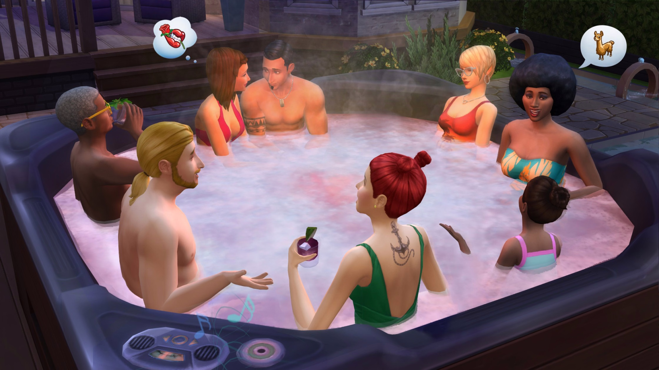 ซิมส์แปดคนแช่ hot tub พร้อมกันในแพ็ค Perfect Patio Stuff