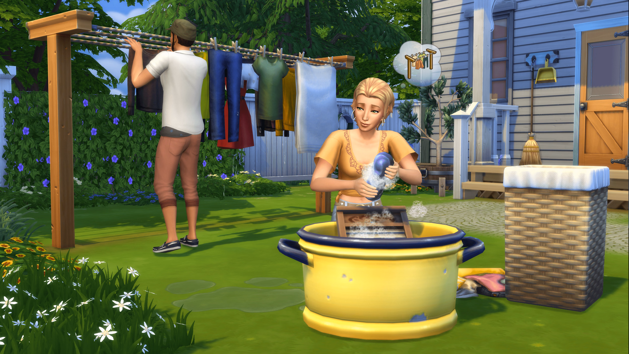 ภาพหน้าจอทางการของ The Sims 4 Laundry Day Stuff แสดงบรรยากาศการซักผ้าในบ้าน