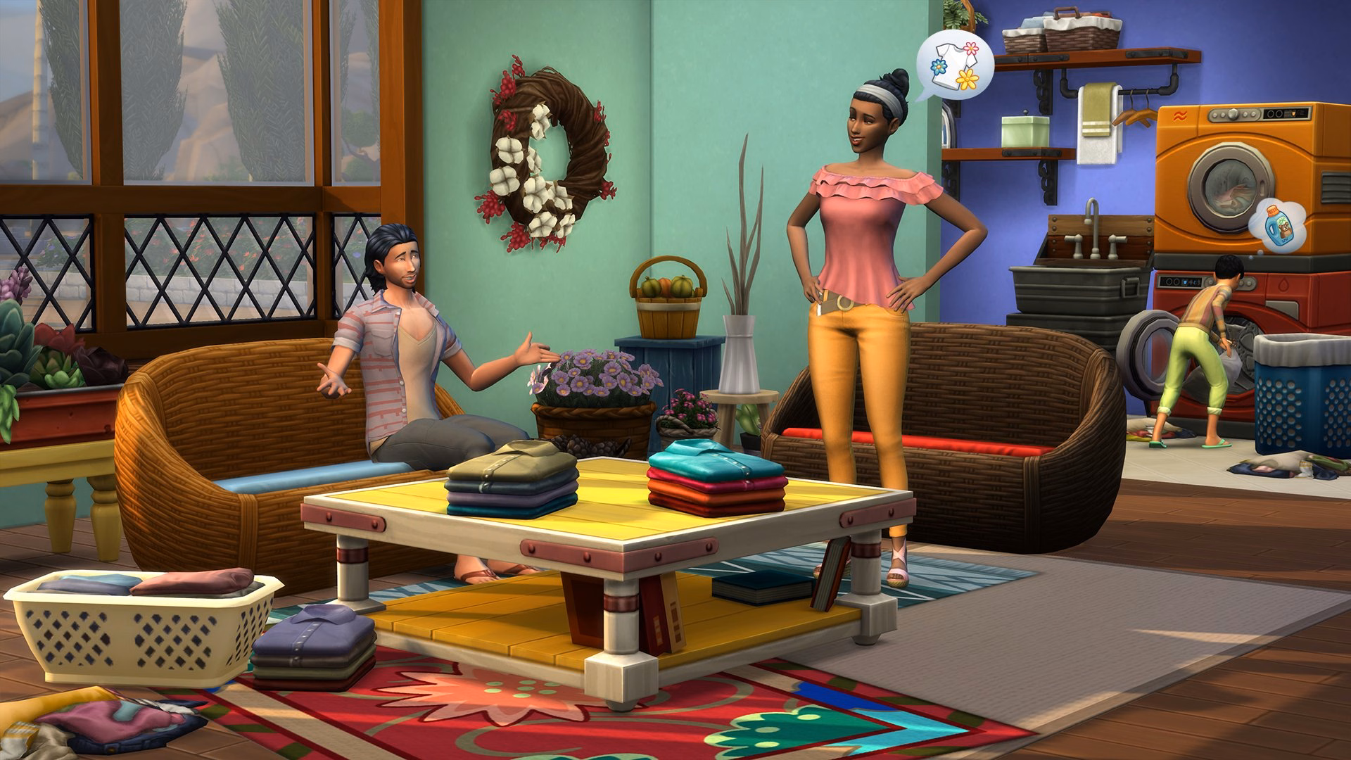 ภาพหน้าจอทางการแสดงเฟอร์นิเจอร์และของตกแต่งสไตล์คันทรีจาก The Sims 4 Laundry Day Stuff