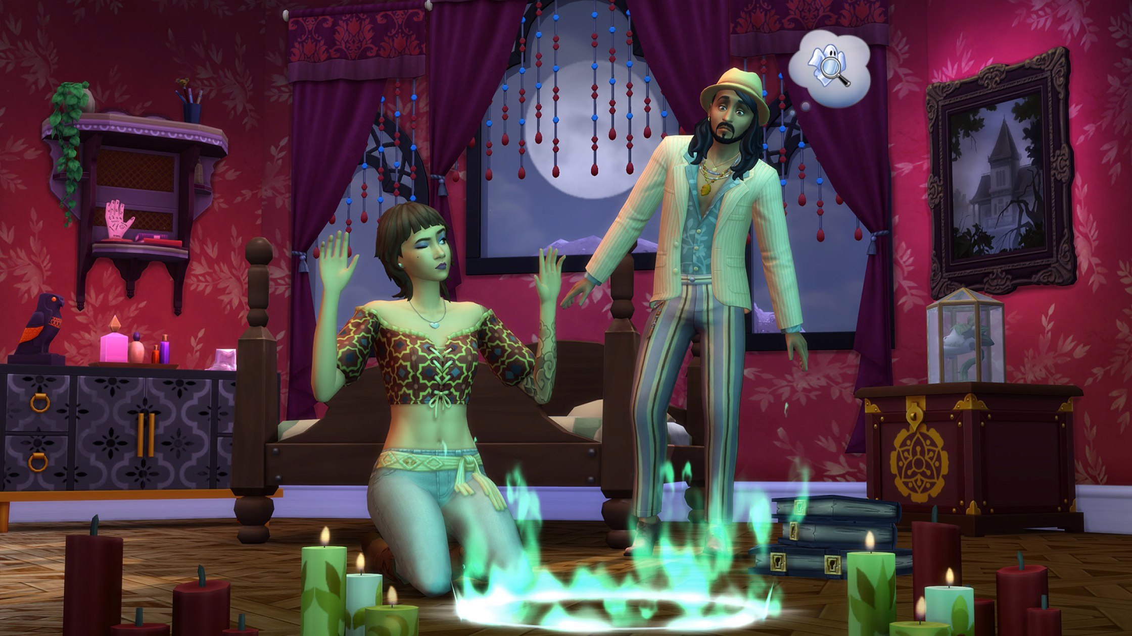 ฉาก seance ในห้องนอน มีซิมสองคนยืนและคุกเข่าข้าง seance circle เรืองแสงสีเขียว เห็นเงาซิมกลายเป็นผีโปร่งแสง