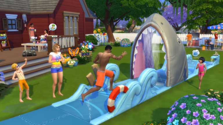 ซิมส์กำลังเล่นสไลเดอร์น้ำลอดปากฉลามยักษ์ในสวนหลังบ้าน The Sims 4 Backyard Stuff