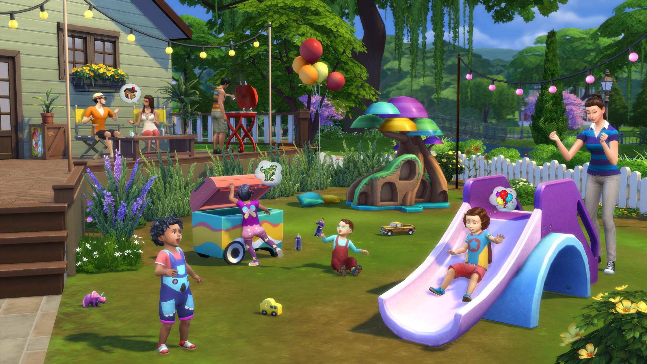 ภาพโปรโมทอย่างเป็นทางการของ The Sims 4: Toddler Stuff แสดงวัยเตาะแตะในชุดและกิจกรรมต่างๆ