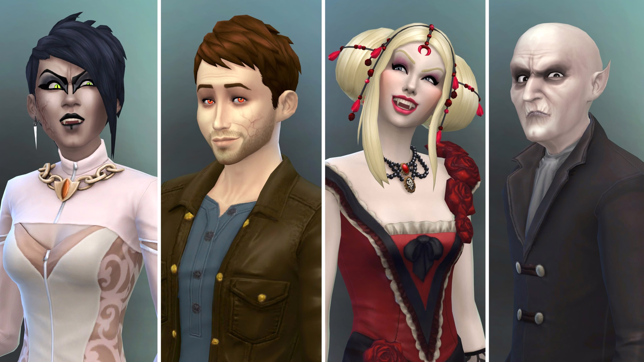 ภาพปกทางการของ The Sims 4: Vampires แสดงตัวละครแวมไพร์ในบรรยากาศกอธิคของ Forgotten Hollow