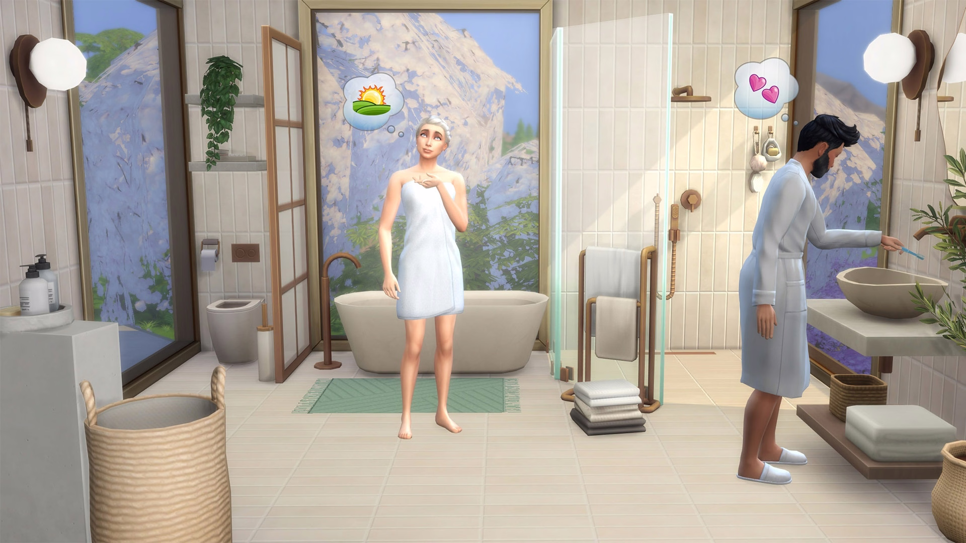 ภาพหน้าจอในเกมของ Sleek Bathroom Kit แสดงห้องน้ำมินิมอลโทนพาสเทลผสมโลหะขัดเงา