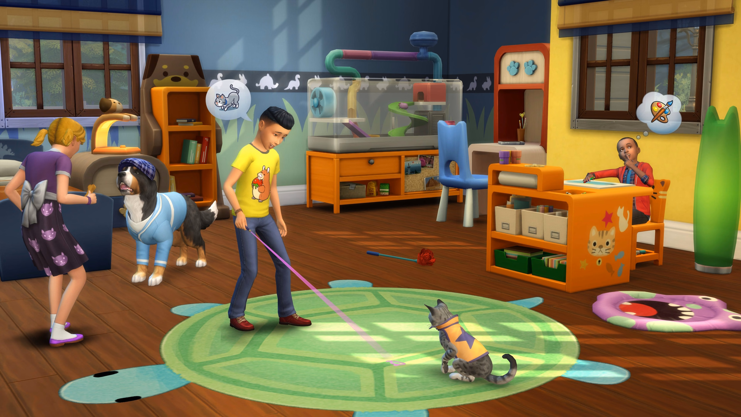 ซิมส์เล่นกับหนูแฮมสเตอร์และแมวในห้องเด็กที่แต่งด้วยไอเทมจากแพ็ค My First Pet Stuff