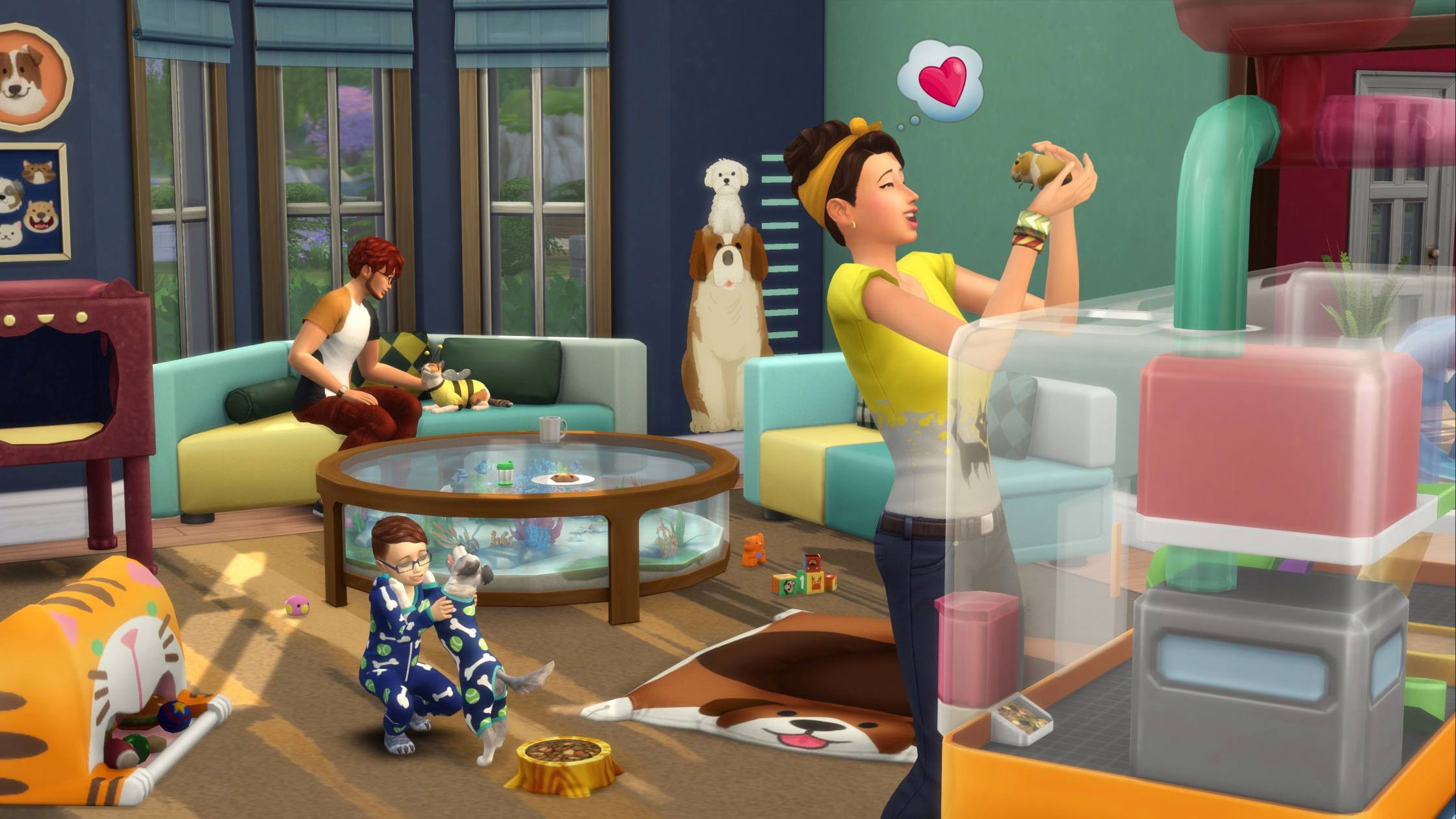 ครอบครัวซิมส์กับหมา แมว และตู้ปลาในห้องนั่งเล่นที่มีของตกแต่งจากแพ็ค My First Pet Stuff