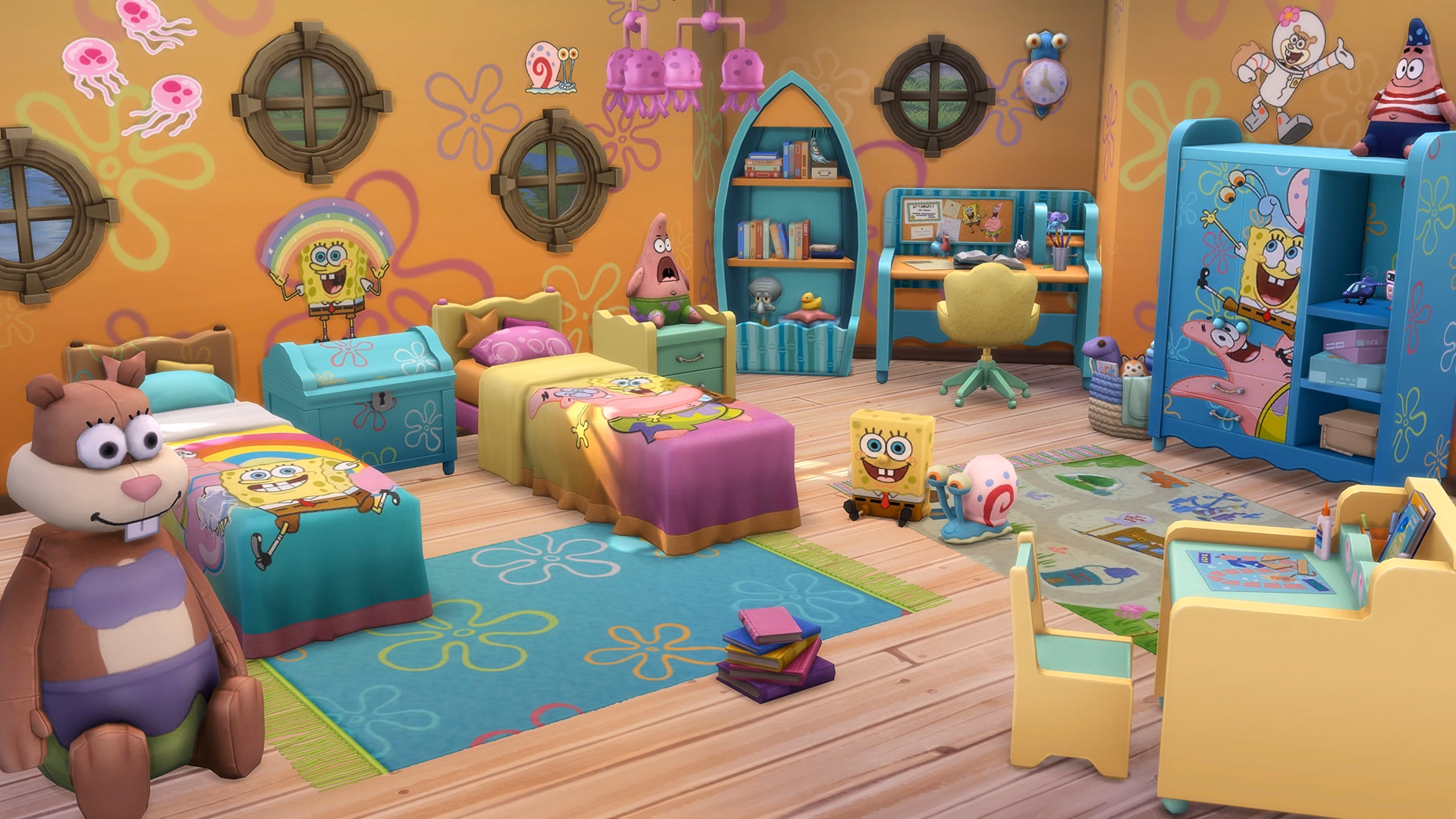 ภาพหน้าจอในเกมของห้องนอนเด็กตกแต่งตามธีม SpongeBob Kid's Room Kit