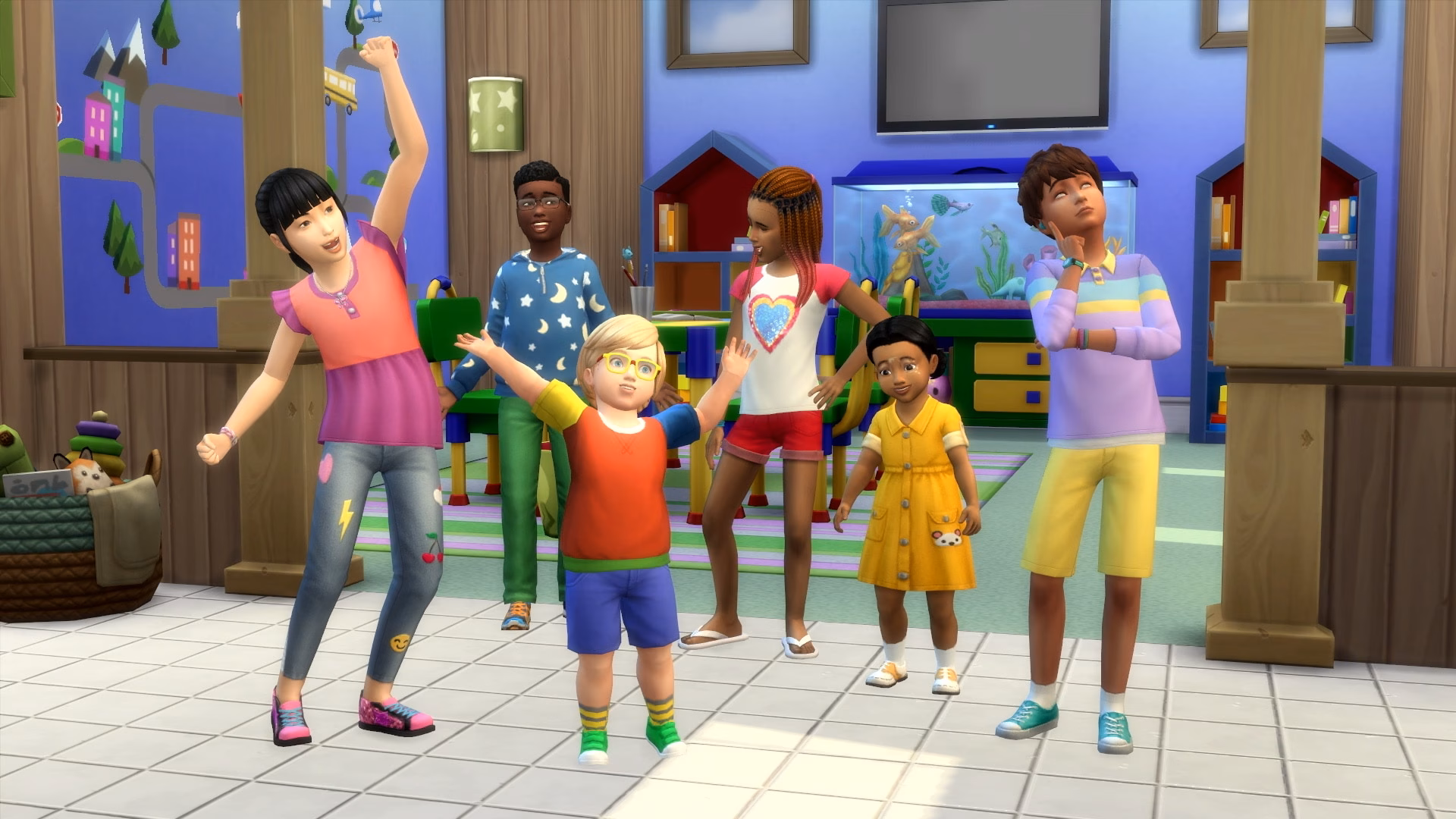 Sims children and toddlers in a colorful playroom